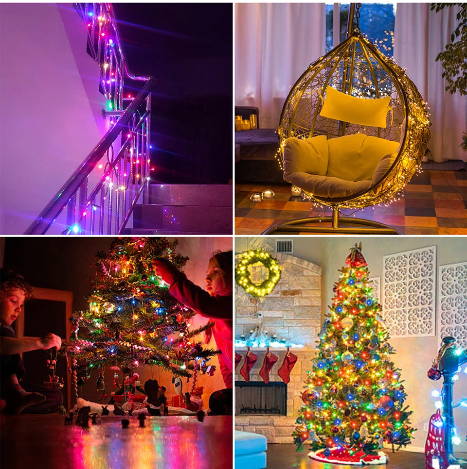 Collage of Christmas decorations including a staircase with lights, a hanging chair with lights, and a decorated tree.