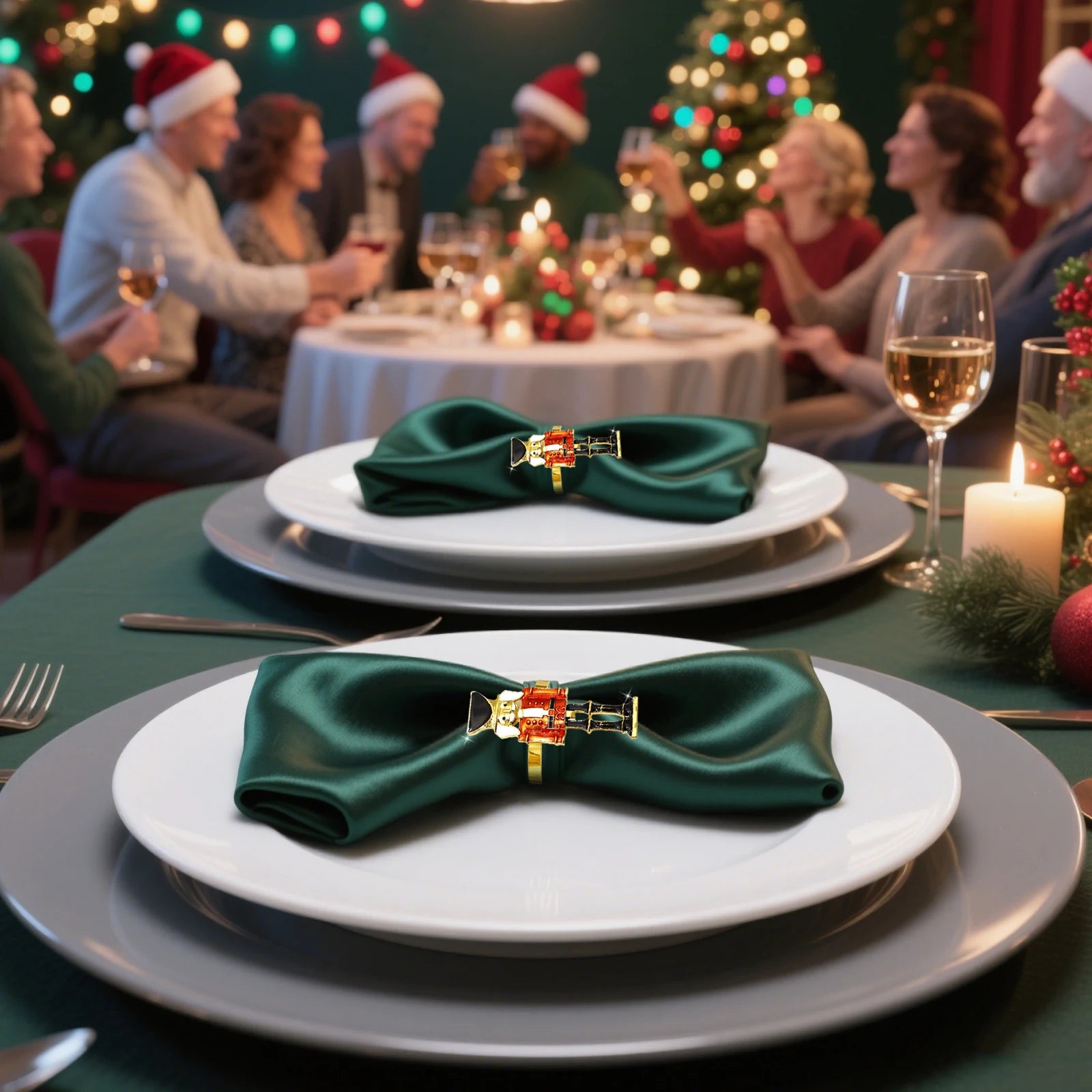 Christmas dinner table setting with green napkins and festive decorations.