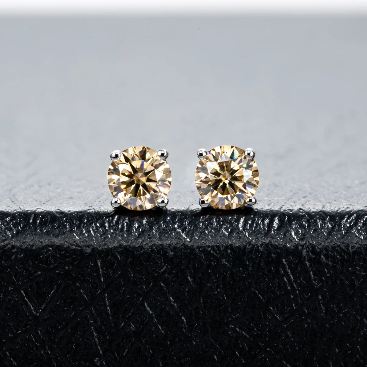4mm Champagne Moissanite Stud Earrings - 925 Silver 18K Gold Plated