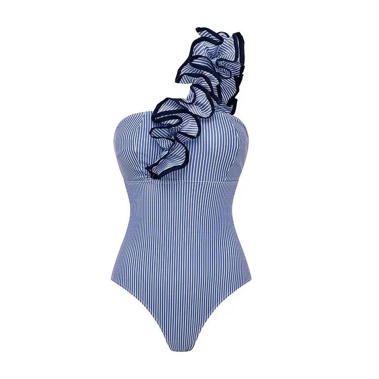 One Shoulder Ruffle Swimsuit - Stripe Print Beachwear