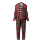 Red and green plaid pajama set on a white background