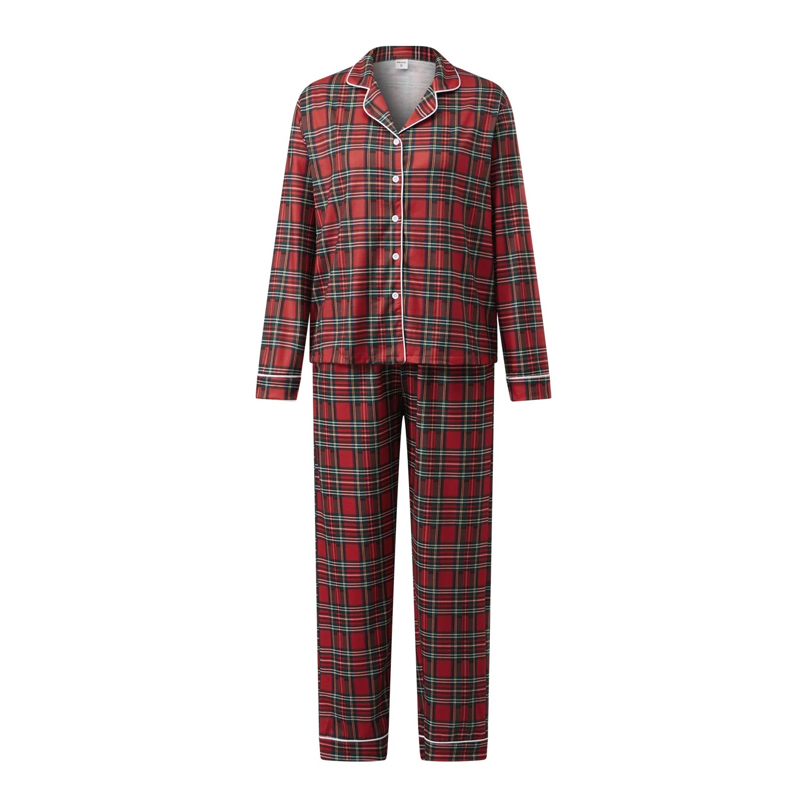 Red and green plaid pajama set on a white background
