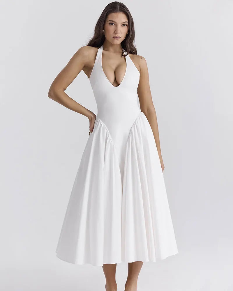 Backless Halter Midi Dress - Cottagecore Style