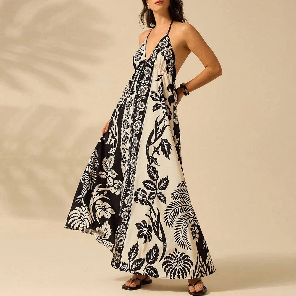 Graphic Print Halter Maxi Dress - Lace-Up Back Dress