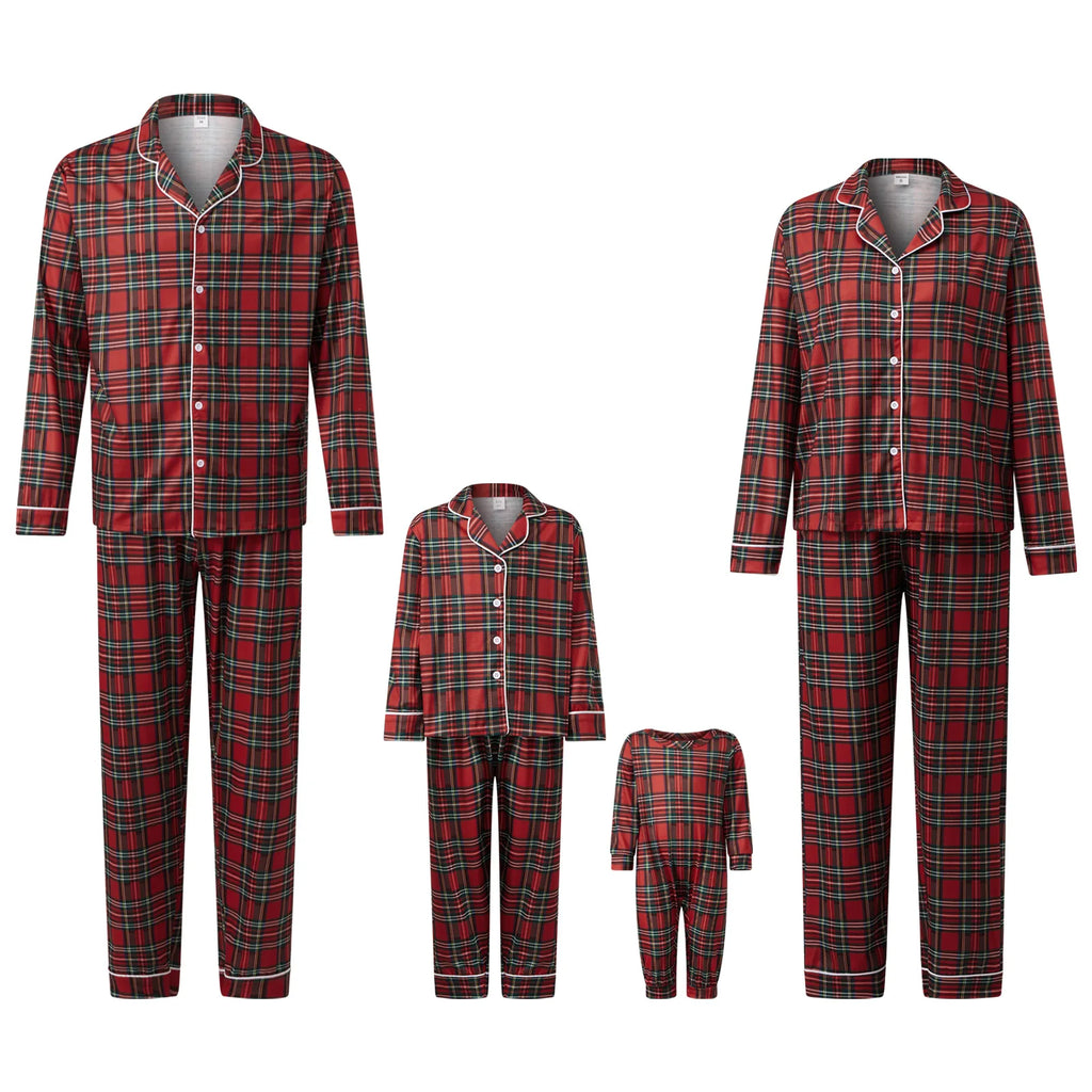 Red and black plaid pajama sets for adults and children on a white background