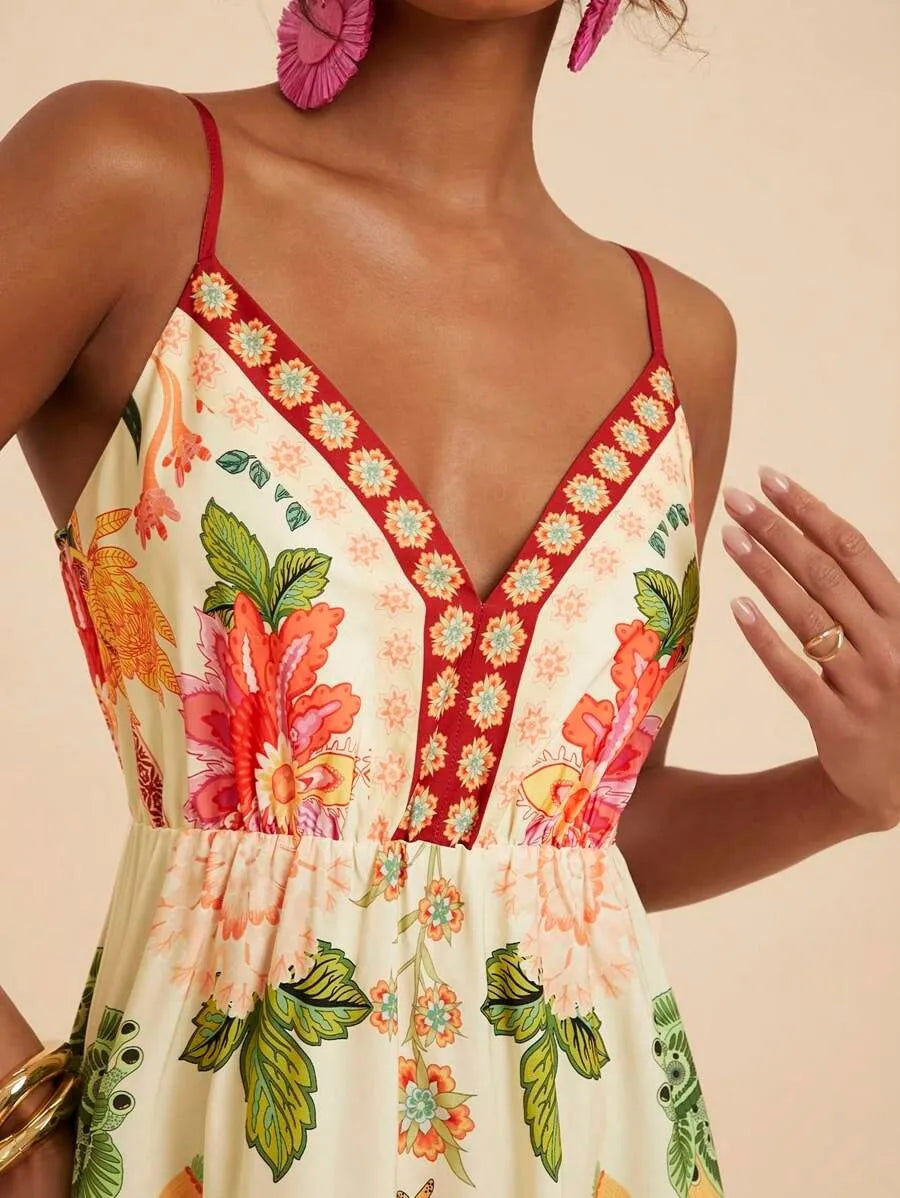 Floral Print Off-Shoulder Maxi Dress - Spaghetti Strap A-Line
