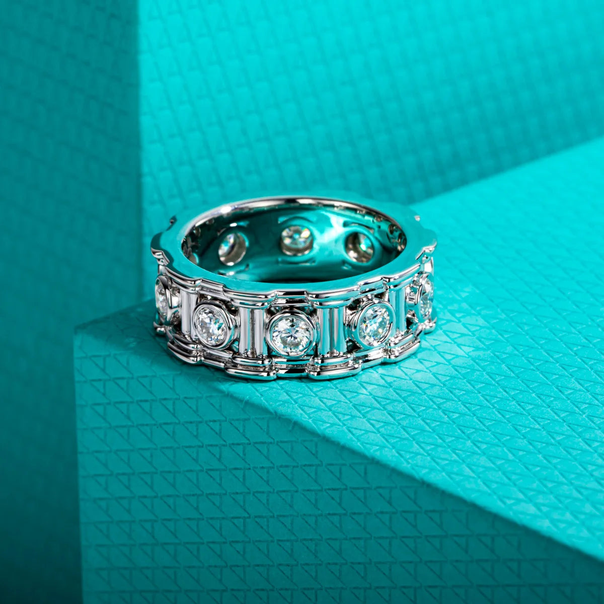 3mm Moissanite Roman Column Eternity Ring - Sterling Silver Wedding Band