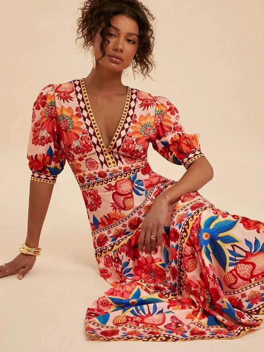 Floral Print Bubble Sleeve Maxi Dress - V-Neck Summer Dress