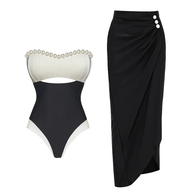 Pearl Decor Color Block Swimsuit