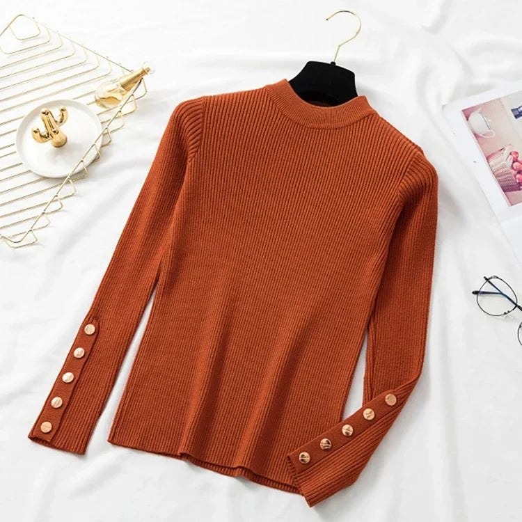 Brown ribbed sweater with button details on a white background