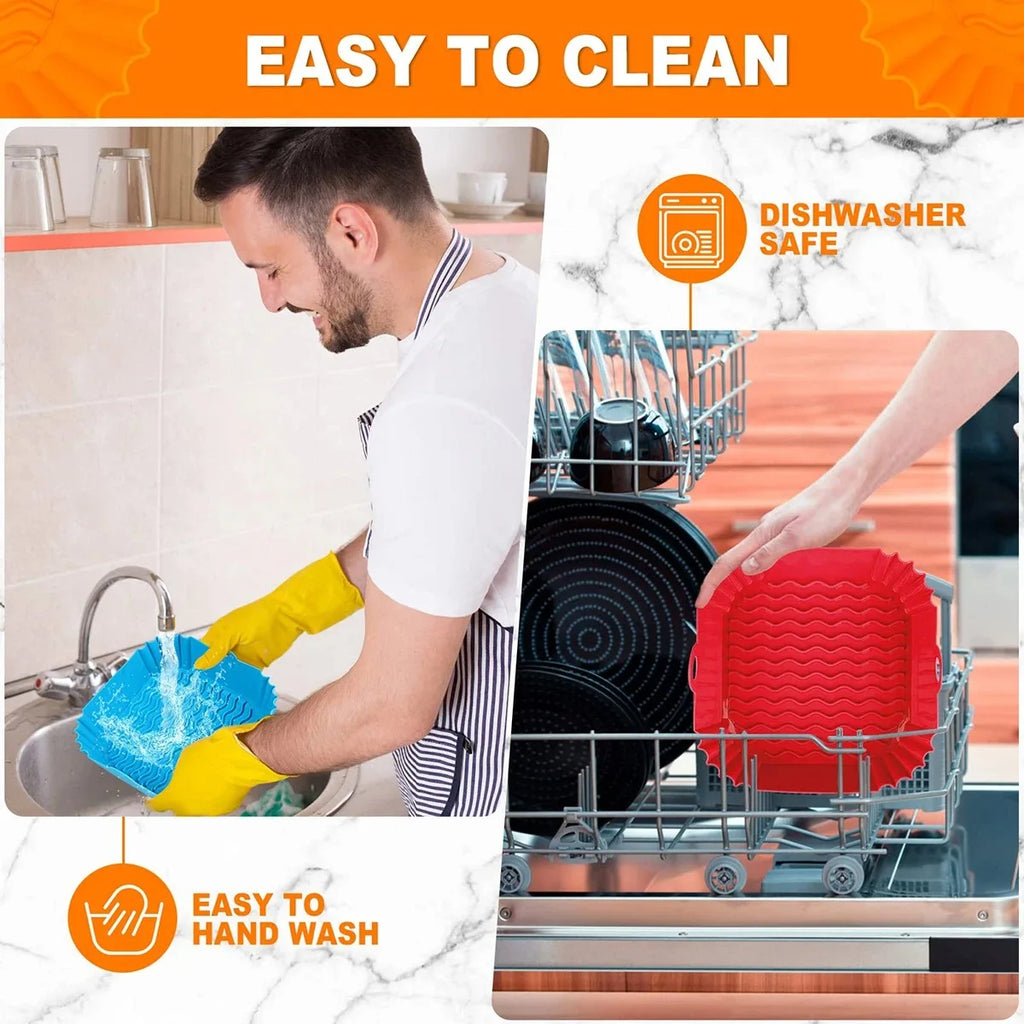 Person washing dishes, dishwasher safe icon, and red silicone mat in dishwasher.