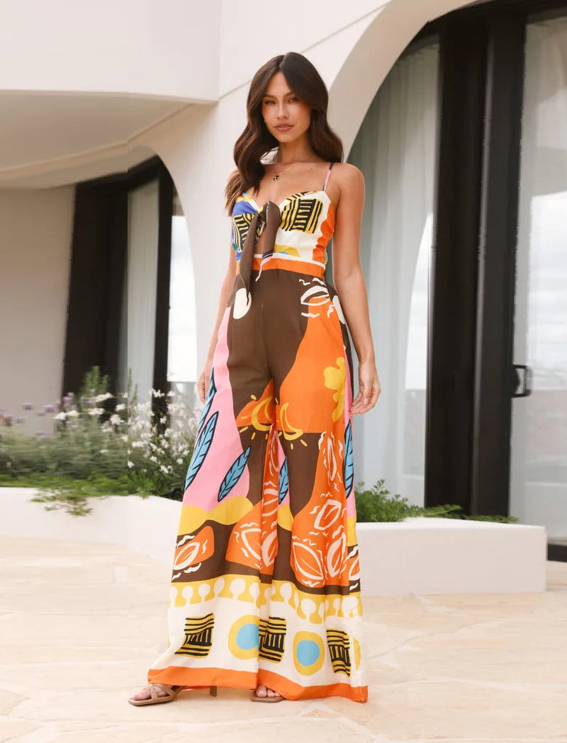 Printed Spaghetti Strap Jumpsuit - Lace-Up Wide Leg Boho Romper