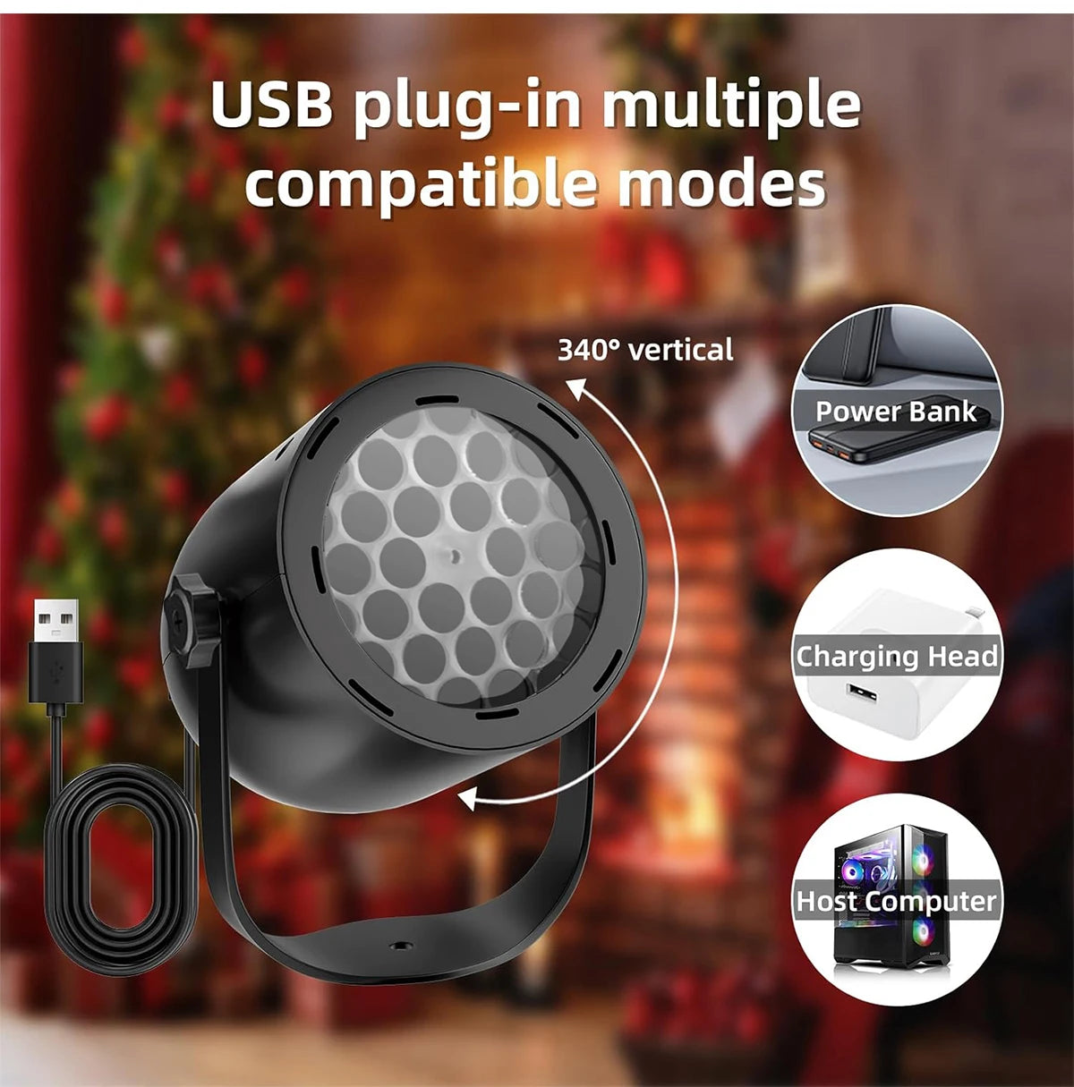 Black LED light with USB cable, showing compatibility with power bank, charging head, and host computer on a blurred Christmas tree background.