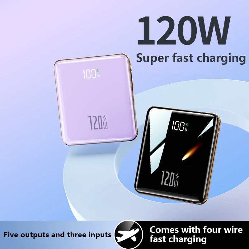 Two power banks with digital displays on a light blue background, highlighting 120W fast charging capability.