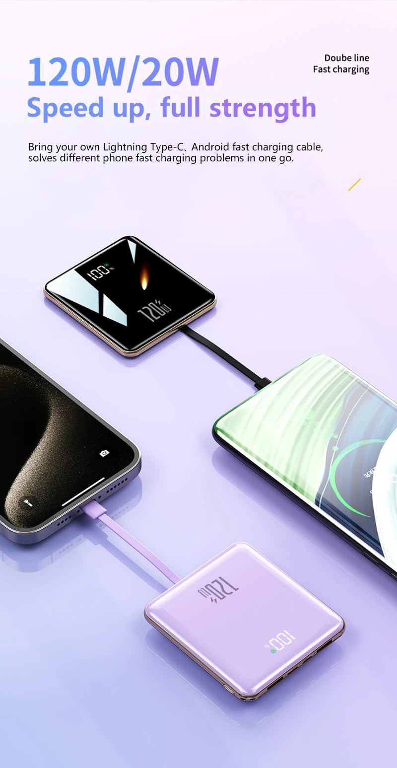 Two smartphones connected to a charging cable on a light purple background