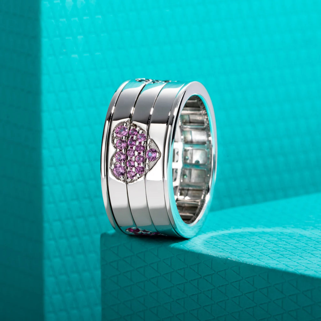 Moissanite Heart Spinner Band - Sterling Silver Fidget Wedding Ring