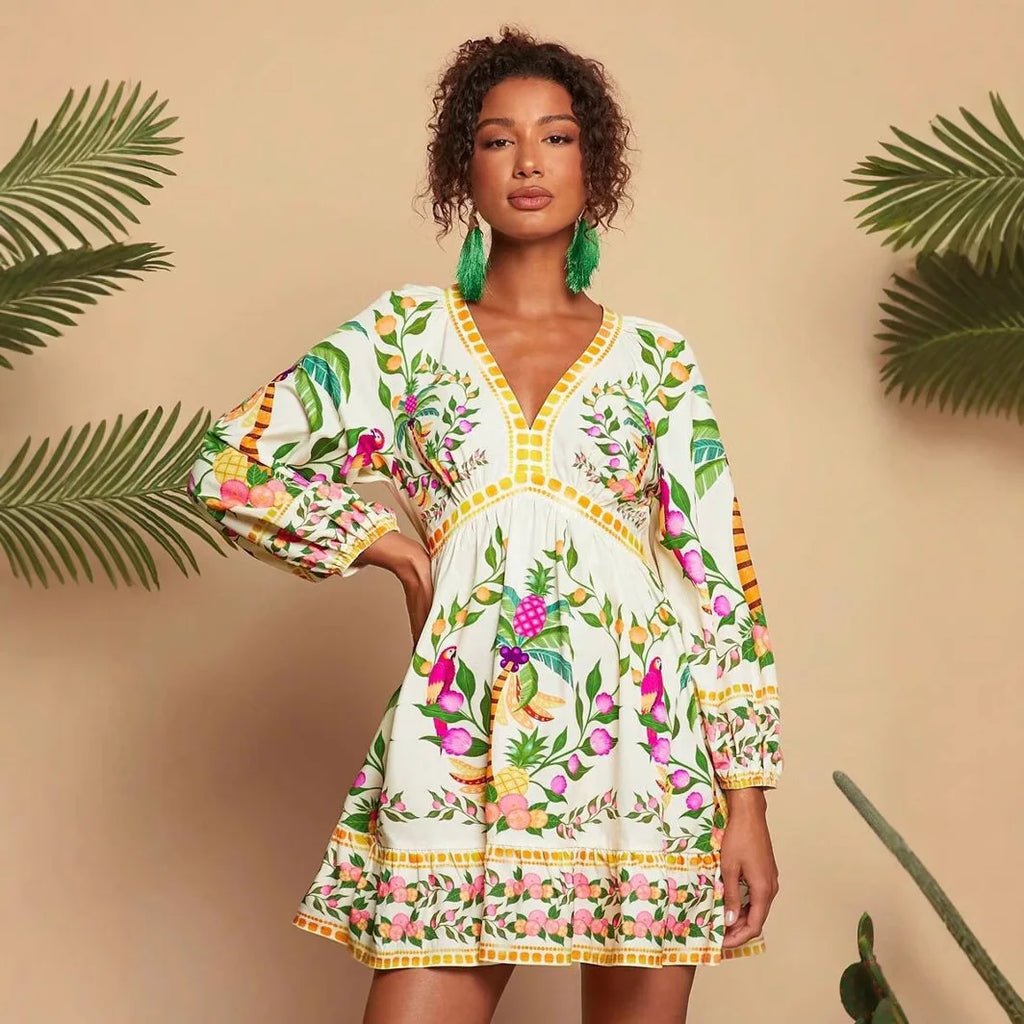 Floral Print V-Neck Midi Dress - 3/4 Sleeve High Waist Boho