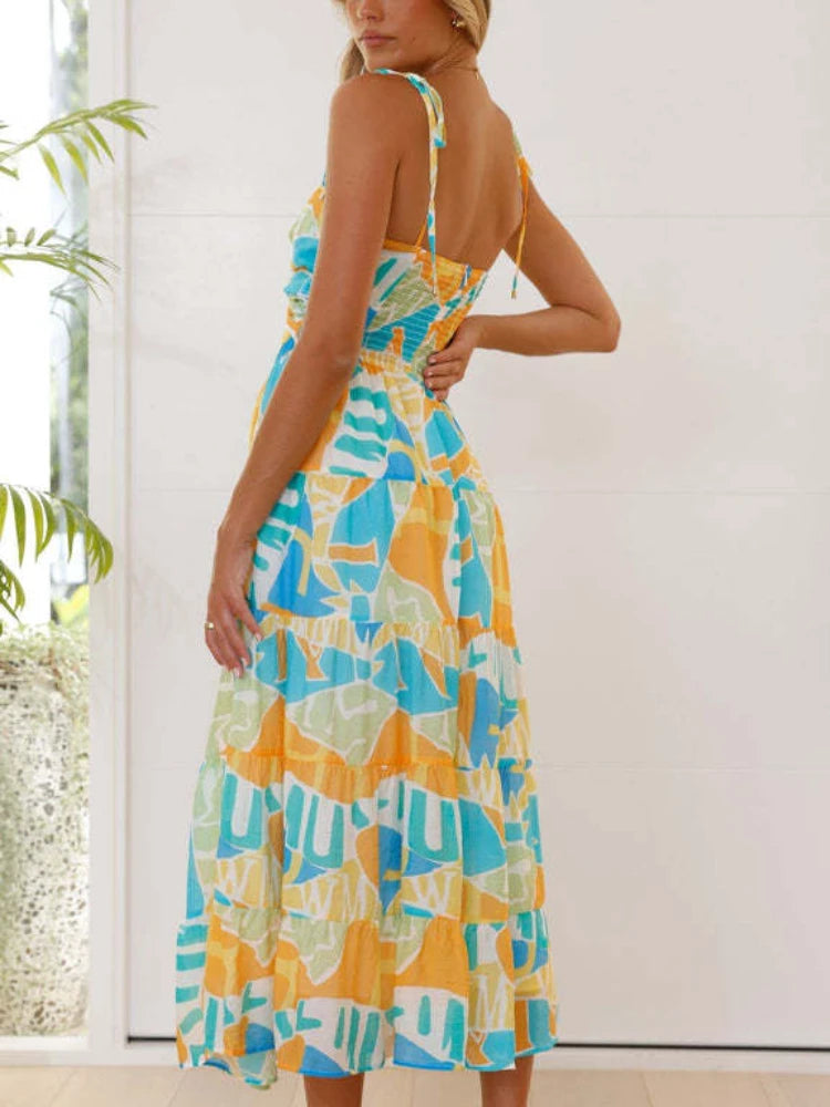 Floral Print Maxi Dress - A-Line Strap Vacation Dress
