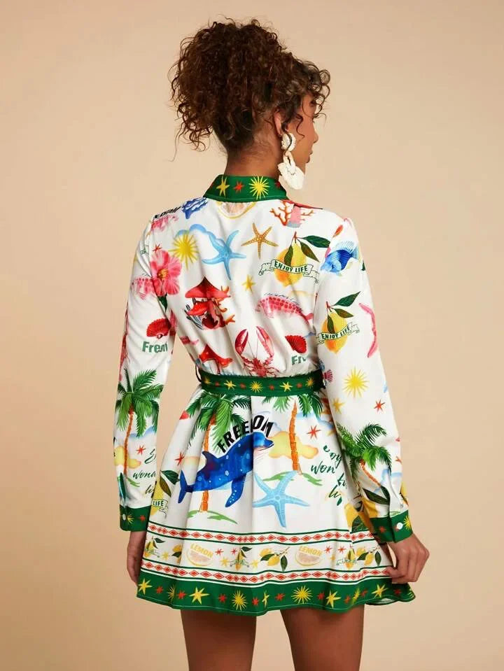 Floral Print Linen Shirt Dress - Knot Waist Midi Length