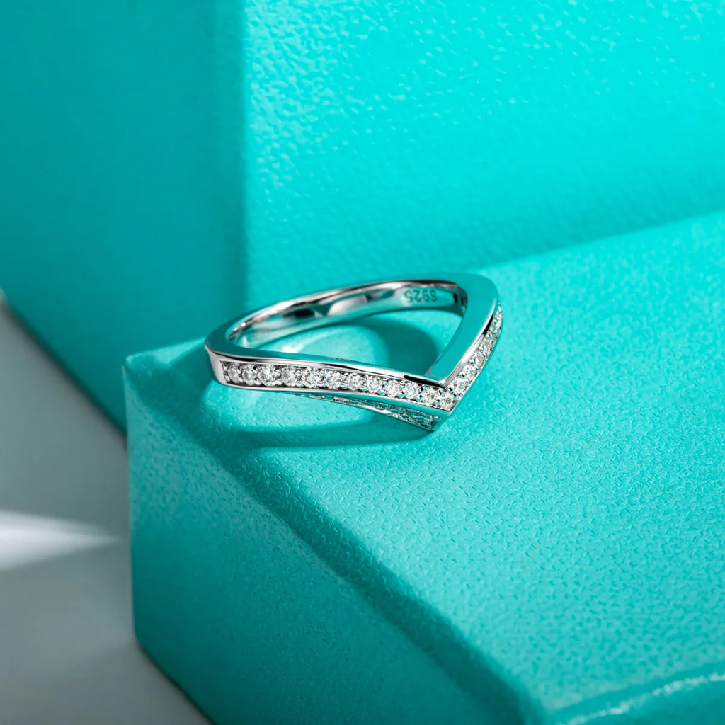 2mm Moissanite V-Shape Wedding Band - Sterling Silver Chevron Ring