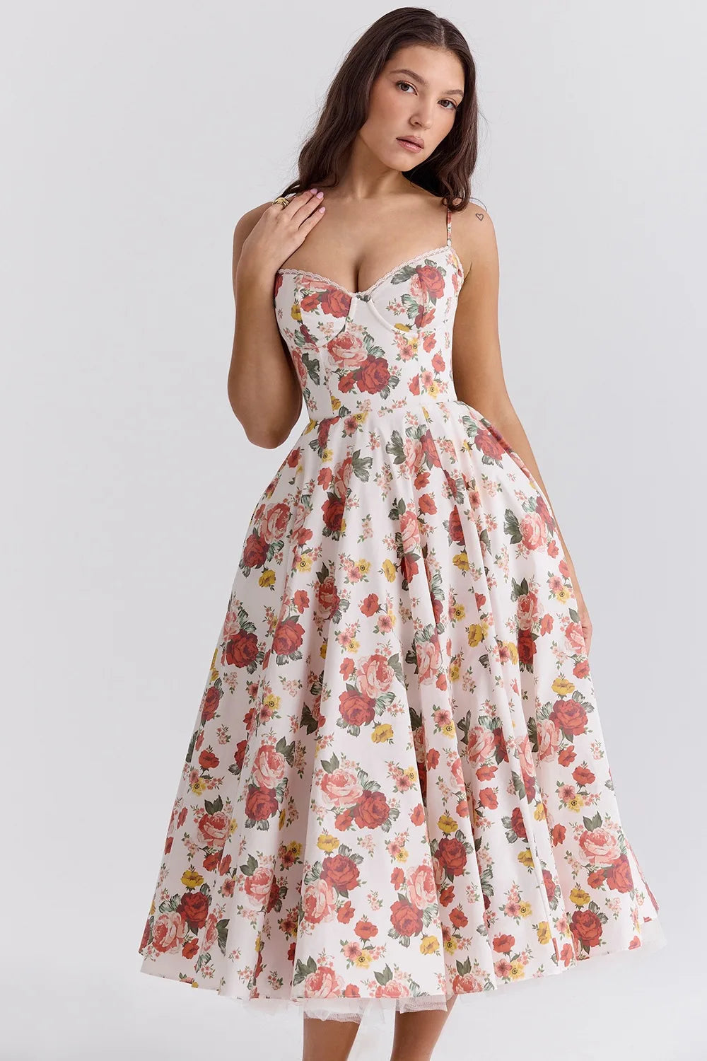 Floral Print Tulle Corset Midi Dress - Cottagecore Style