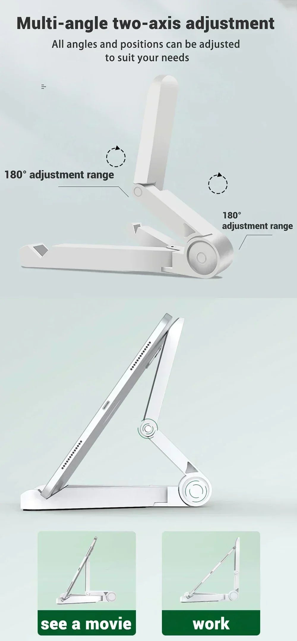 Multi-angle two-axis adjustment mechanism with text on a light gray background