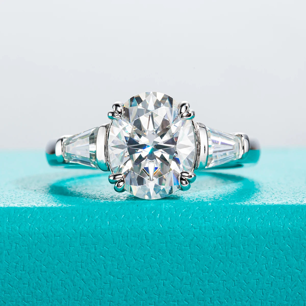 3.8ct Oval Cut D-Color Moissanite Three Stone Engagement Ring - 925 Sterling Silver