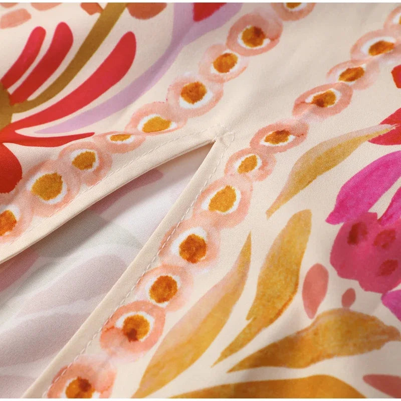 Close-up of a colorful floral pattern on fabric