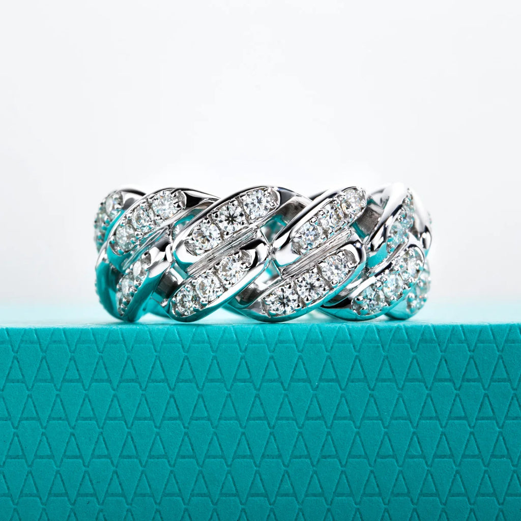 Moissanite Cuban Link Eternity Band - 925 Sterling Silver Unisex Wedding Ring