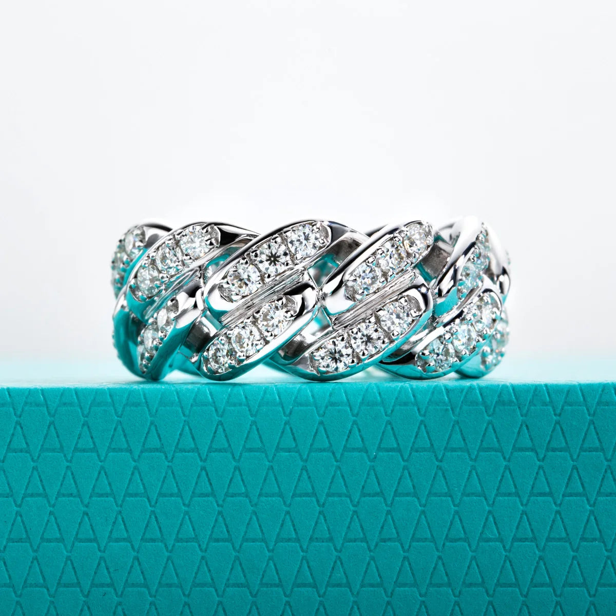 Moissanite Cuban Link Eternity Band - 925 Sterling Silver Unisex Wedding Ring