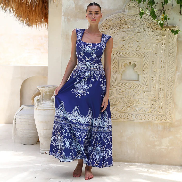 Royal Blue Baroque Print Swimsuit - Vintage Beachwear