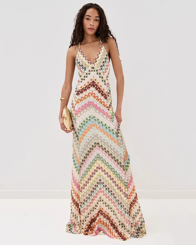 Crochet Halter Maxi Dress - V-Neck Backless Knit Dress