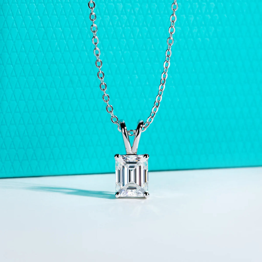 Emerald Cut Moissanite Pendant Necklace - 925 Sterling Silver D Color