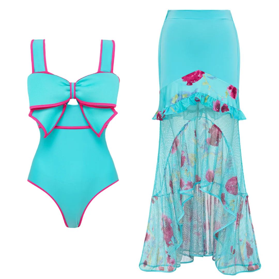 Bow Decor Swimsuit - Blue and Pink Beachwear
