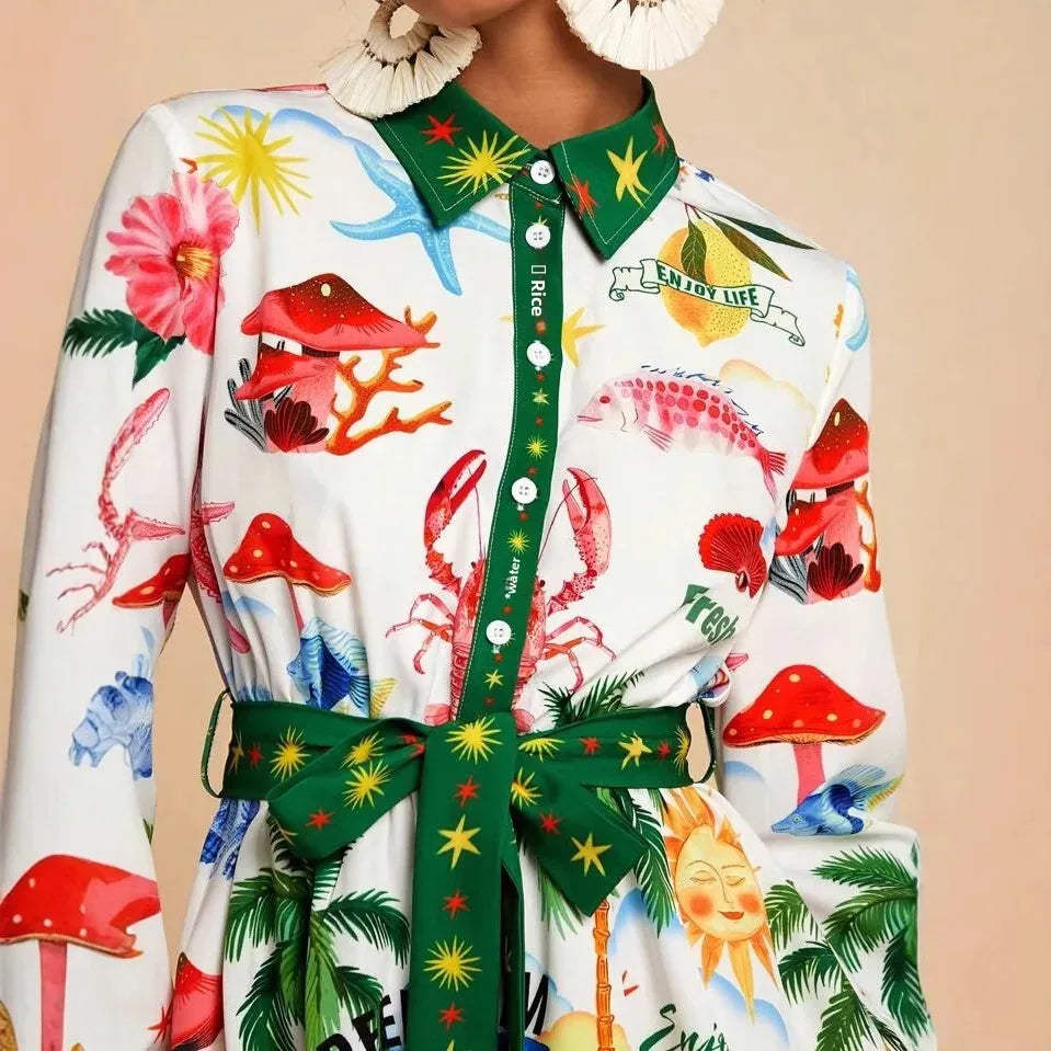 Floral Print Linen Shirt Dress - Knot Waist Midi Length
