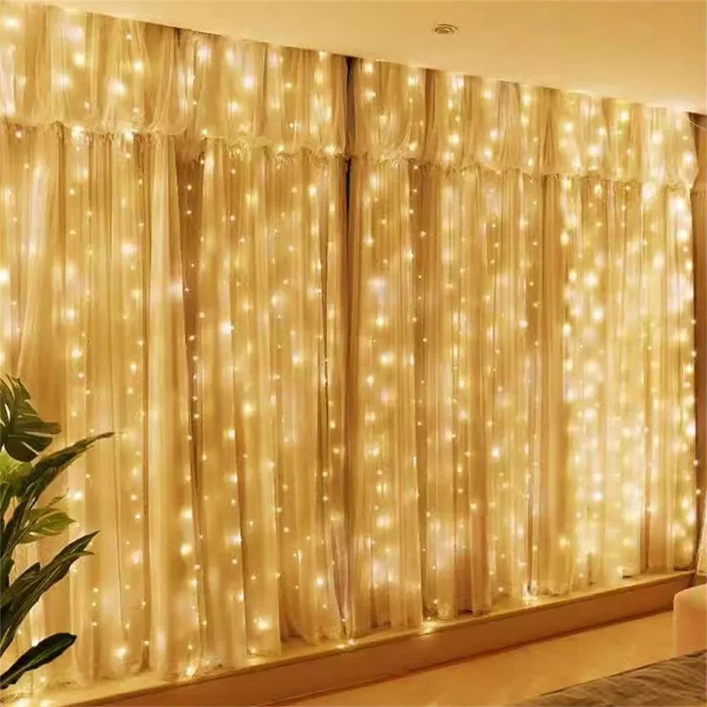 Decorative string lights on a curtain in a room setting