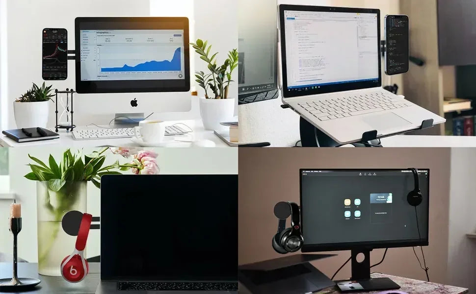 Collage of four computer setups on desks with various accessories.