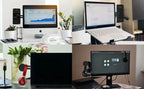 Collage of four computer setups on desks with various accessories.