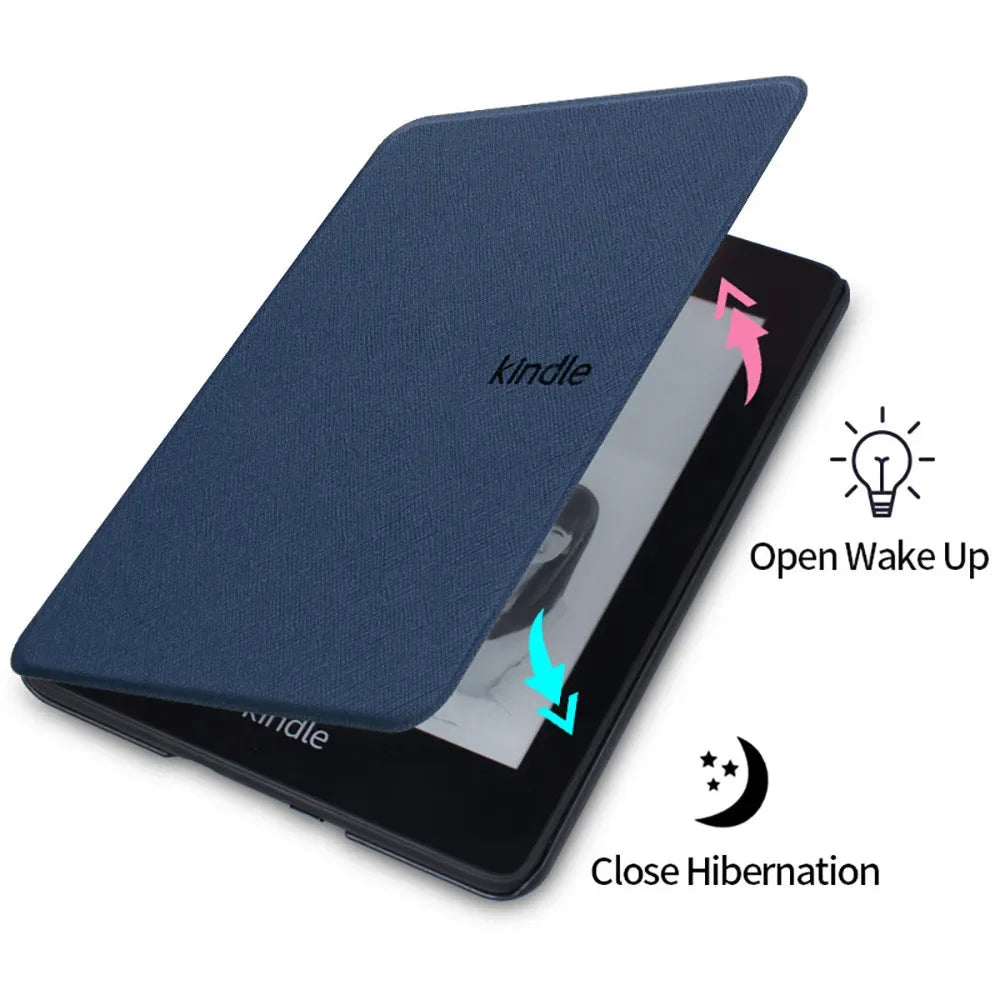 Kindle device with a blue cover on a white background, showing open wake up and close hibernation functions.