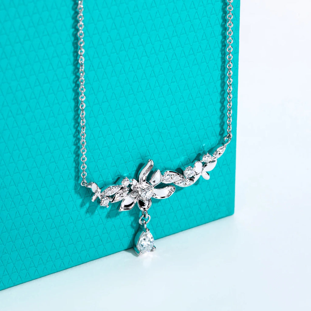 0.97ct Moissanite Orchid Pendant Necklace - 18K Gold Plated 925 Sterling Silver D Color