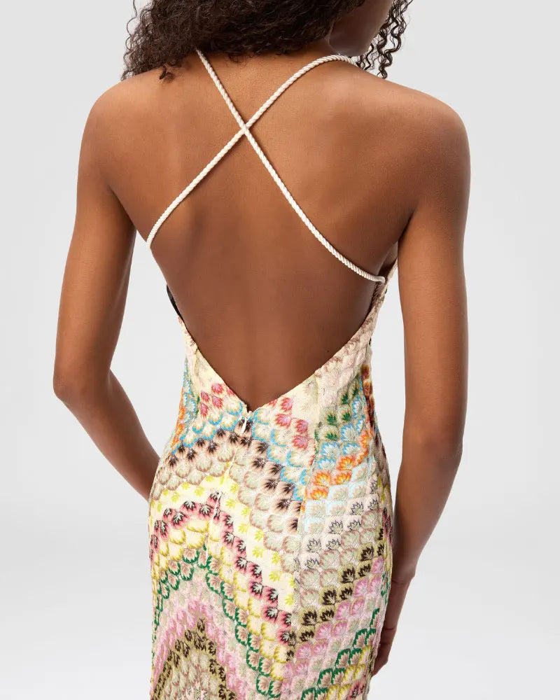 Crochet Halter Maxi Dress - V-Neck Backless Knit Dress