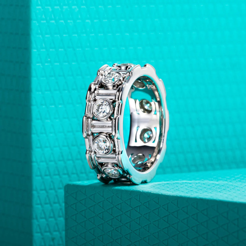 3mm Moissanite Roman Column Eternity Ring - Sterling Silver Wedding Band