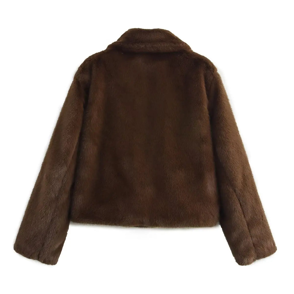 Brown faux fur jacket on a white background