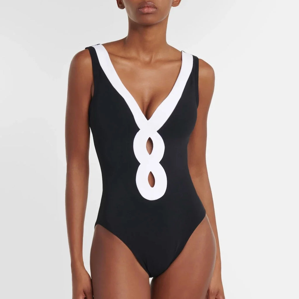Cutout Swimsuit - Black and White Beachwear