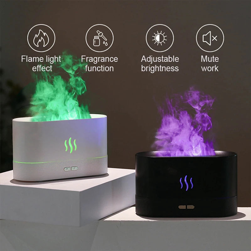 Two flameless candle-like products with green and purple flames on a dark background.