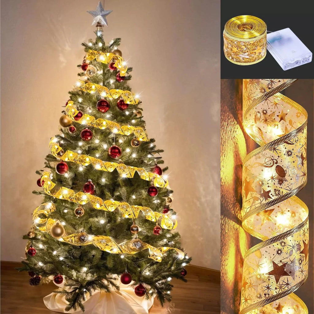 Decorated Christmas tree with lights and ornaments, including a close-up of decorative ribbon and packaging.