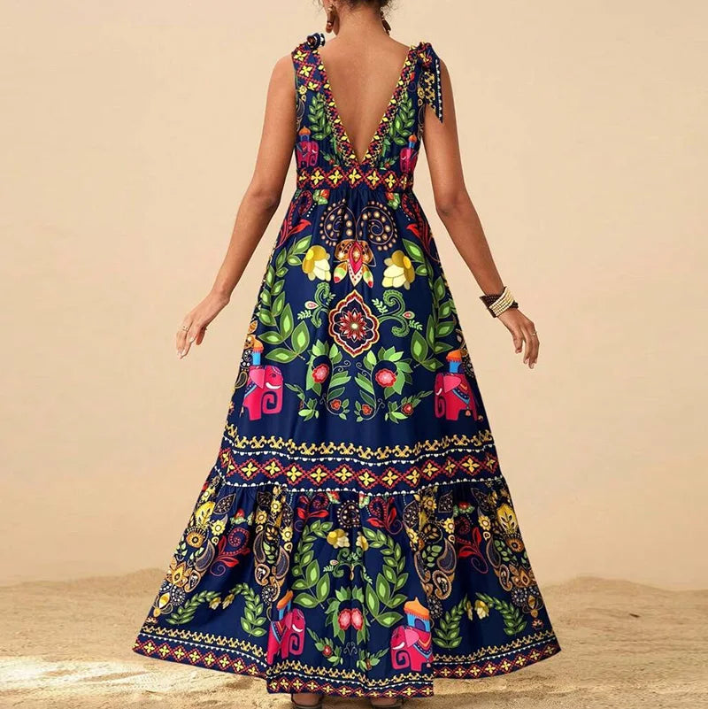 Floral Print Off-Shoulder Maxi Dress - Pleated Sleeveless V-Neck