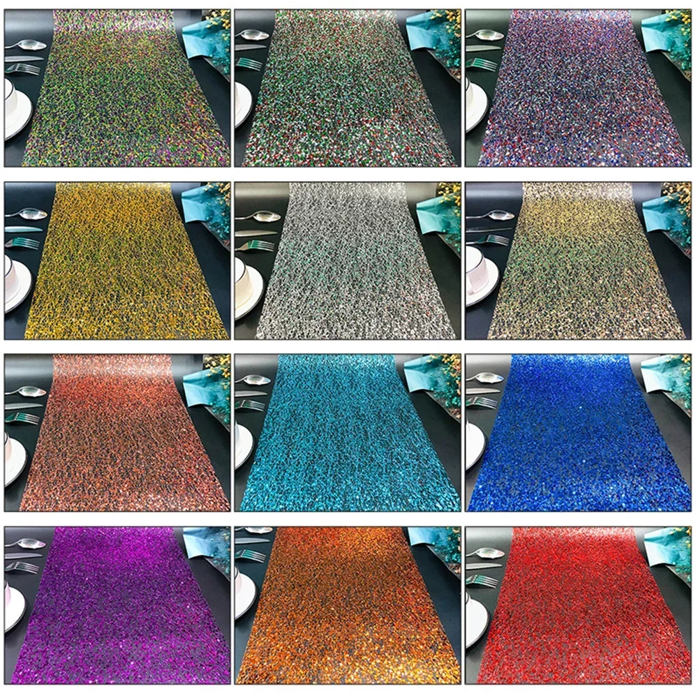 Collage of colorful glittery table runners on a black background with white plates and blue napkins.