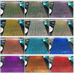 Collage of colorful glittery table runners on a black background with white plates and blue napkins.