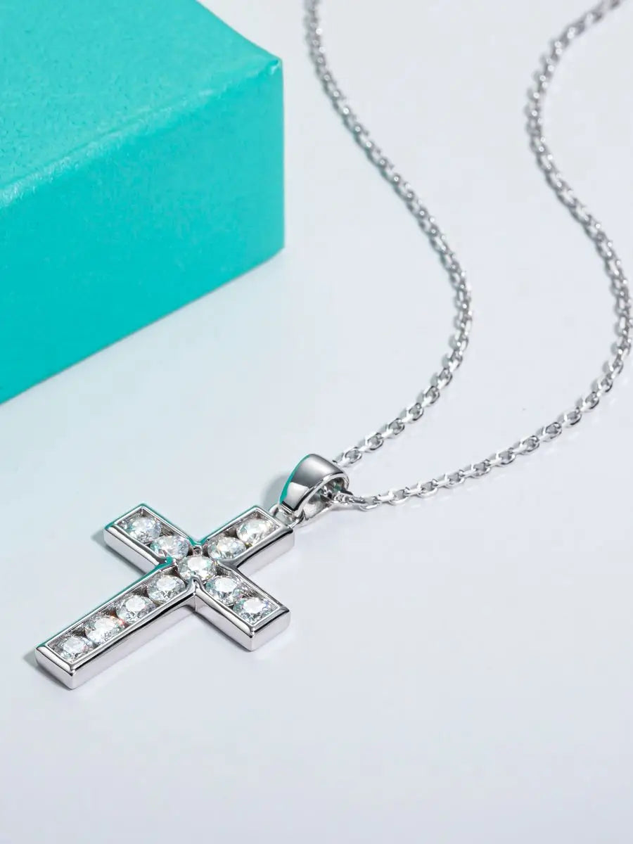 Moissanite Cross Pendant Necklace - 925 Sterling Silver 2.2ct